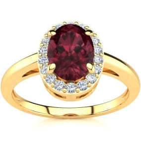 1 Carat Oval Shape Garnet and Halo Diamond Ring In 14K Yellow Gold