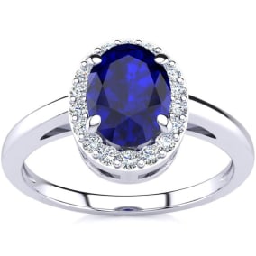 1 Carat Oval Shape Sapphire and Halo Diamond Ring In 14K White Gold