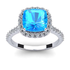 3 Carat Cushion Cut Blue Topaz and Halo Diamond Ring In 14K White Gold