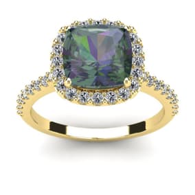 2-1/2 Carat Cushion Shape Mystic Topaz Ring With Diamond Halo In 14 Karat Yellow Gold