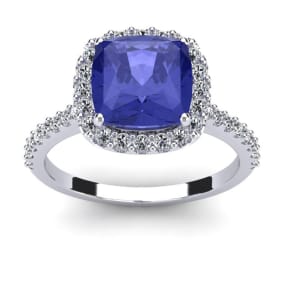 3 Carat Cushion Cut Tanzanite and Halo Diamond Ring In 14K White Gold
