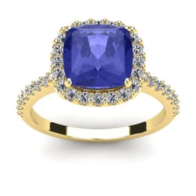 3 Carat Cushion Cut Tanzanite and Halo Diamond Ring In 14K Yellow Gold

