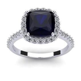 3 1/2 Carat Cushion Cut Sapphire and Halo Diamond Ring In 14K White Gold