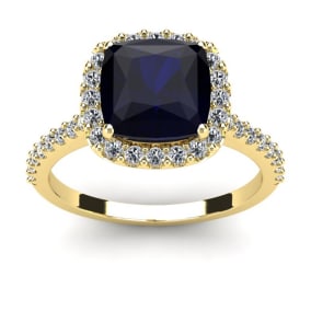 3 1/2 Carat Cushion Cut Sapphire and Halo Diamond Ring In 14K Yellow Gold