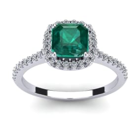 1 1/2 Carat Cushion Cut Emerald and Halo Diamond Ring In 14K White Gold