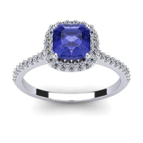 1 1/3 Carat Cushion Cut Tanzanite and Halo Diamond Ring In 14K White Gold