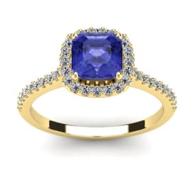 1 1/3 Carat Cushion Cut Tanzanite and Halo Diamond Ring In 14K Yellow Gold