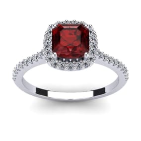 1 1/2 Carat Cushion Cut Garnet and Halo Diamond Ring In 14K White Gold