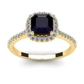 1 1/2 Carat Cushion Cut Sapphire and Halo Diamond Ring In 14K Yellow Gold