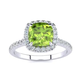 2 Carat Cushion Cut Peridot and Halo Diamond Ring In 14K White Gold