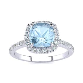 Aquamarine Ring: Aquamarine Jewelry: 2 Carat Cushion Cut Aquamarine and Halo Diamond Ring In 14K White Gold