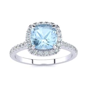 2 Carat Cushion Cut Aquamarine and Halo Diamond Ring In 14K White Gold