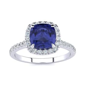 2 Carat Cushion Cut Tanzanite and Halo Diamond Ring In 14K White Gold