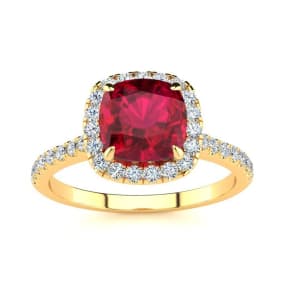 2 Carat Cushion Cut Ruby and Halo Diamond Ring In 14K Yellow Gold