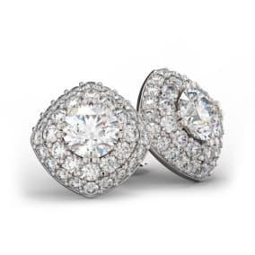 14K White Gold 3 Carat Diamond Cushion Shape Halo Stud Earrings
