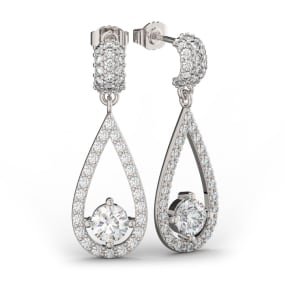 Diamond Drop Earrings: 14K White Gold 3 Carat Diamond Halo Teardrop Earrings