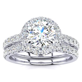 2 Carat Natural Round Floating Halo Diamond Bridal Set in 14k White Gold