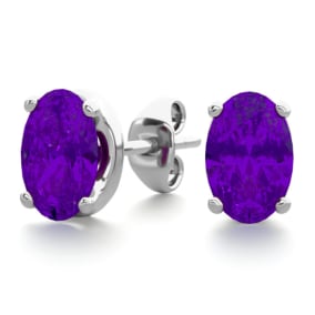 1 Carat Oval Shape Amethyst Stud Earrings In Sterling Silver