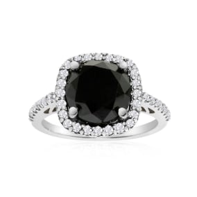 4 1/2 Carat Cushion Cut Black and White Diamond Halo Ring in 14k White Gold