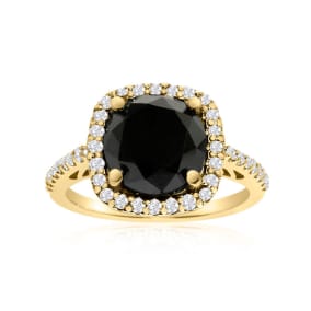 4 1/2 Carat Cushion Cut Black and White Diamond Halo Ring in 14 Karat Yellow Gold