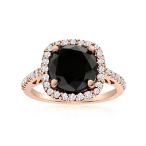 4 1/2 Carat Cushion Cut Black and White Diamond Halo Ring in 14 Karat Rose Gold