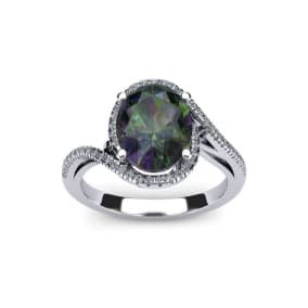 1-1/3 Carat Oval Shape Mystic Topaz Ring With Swirling Diamond Halo In 14 Karat White Gold