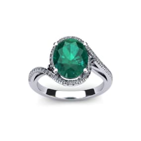 1 1/3 Carat Oval Shape Emerald and Halo Diamond Ring In 14 Karat White Gold