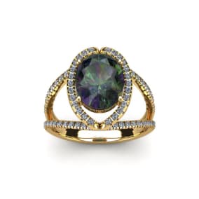1-1/2 Carat Oval Shape Mystic Topaz Ring With Fancy Diamond Halo In 14 Karat Yellow Gold