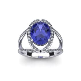 1 3/4 Carat Oval Shape Tanzanite and Halo Diamond Ring In 14 Karat White Gold
