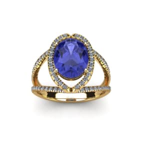 1 3/4 Carat Oval Shape Tanzanite and Halo Diamond Ring In 14 Karat Yellow Gold


