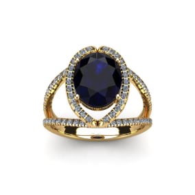 2 Carat Oval Shape Sapphire and Halo Diamond Ring In 14 Karat Yellow Gold