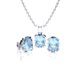 3 Carat Oval Shape Aquamarine Necklace and Earring Set In Sterling Silver
