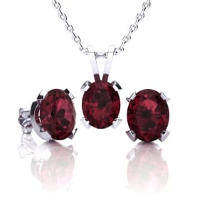 3 Carat Oval Shape Garnet Necklace and Earring Set In Sterling Silver
