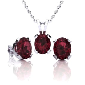 3 Carat Oval Shape Garnet Necklace and Earring Set In Sterling Silver
