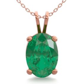 3/4 Carat Oval Shape Emerald Necklaces In 14 Karat Rose Gold Over Sterling Silver, 18 Inch Chain