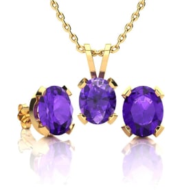 3 Carat Oval Shape Amethyst Necklace and Earring Set In 14K Yellow Gold Over Sterling Silver