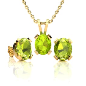 3 Carat Oval Shape Peridot Necklace and Earring Set In 14K Yellow Gold Over Sterling Silver