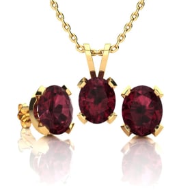 Garnet Necklace: Garnet Jewelry: 3 Carat Oval Shape Garnet Necklace and Earring Set In 14K Yellow Gold Over Sterling Silver
