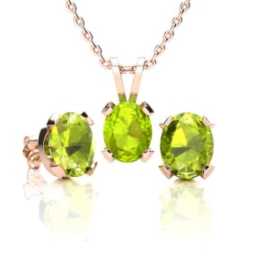 3 Carat Oval Shape Peridot Necklace and Earring Set In 14K Rose Gold Over Sterling Silver