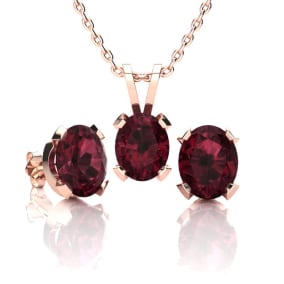 3 Carat Oval Shape Garnet Necklace and Earring Set In 14K Rose Gold Over Sterling Silver