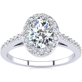 1 Carat Natural Oval Shape Halo Diamond Engagement Ring in 14 Karat White Gold