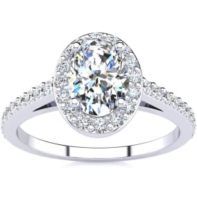 1 Carat Oval Shape Halo Diamond Engagement Ring in 14 Karat White Gold