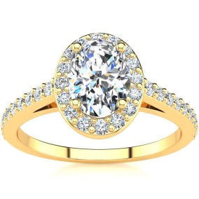1 Carat Natural Oval Shape Halo Diamond Engagement Ring in 14 Karat Yellow Gold