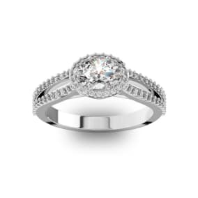 1 Carat Natural Oval Halo Diamond Engagement Ring in 14 Karat White Gold, Split Shank