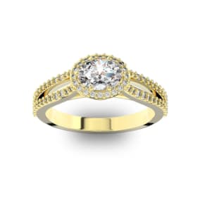 1 Carat Natural Oval Halo Diamond Engagement Ring in 14 Karat Yellow Gold, Split Shank