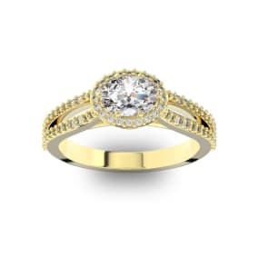 1 Carat Oval Halo Diamond Engagement Ring in 14 Karat Yellow Gold, Split Shank