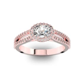 1 Carat Oval Halo Diamond Engagement Ring in 14 Karat Rose Gold, Split Shank