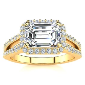 1 1/2 Carat Natural Halo Diamond Engagement Ring in 14 Karat Yellow Gold, Split Shank
