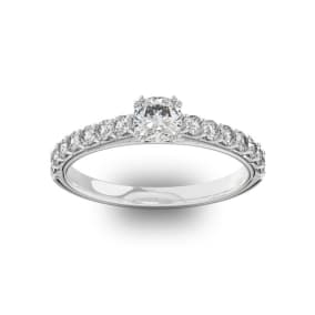 1 Carat Cushion Cut Double Prong Set Engagement Ring In 14 Karat White Gold