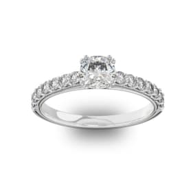 1 1/4 Carat Cushion Cut Double Prong Set Engagement Ring In 14 Karat White Gold